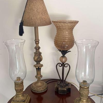 Gold Tone Lamps with Hurricanes and Finials