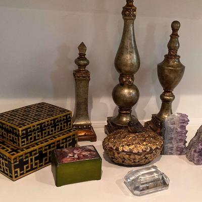 Decorative Wood Finials, Amethyst Bookends, and Crystal Paperweight Grouping