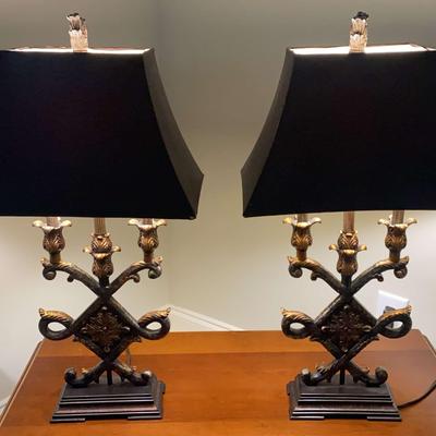 Pair of Ornate Black and Gold Table Lamps