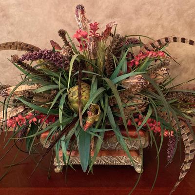 Lush Faux Floral Centerpiece with Pheasant Feathers in Ornate Footed Container