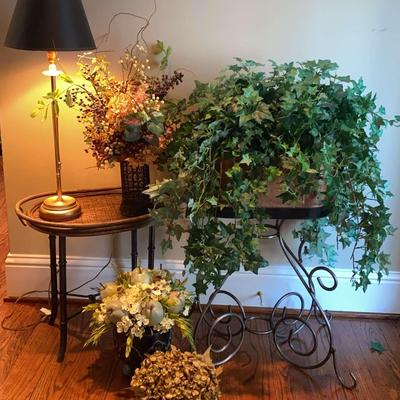 Gold Tone Lamp, Wicker-Top Table, Silver Plant Stand & Faux Plants