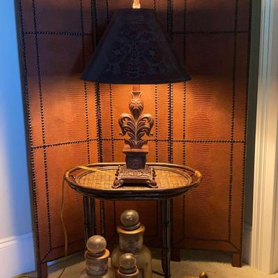 Wooden Screen, Tray Table, and Decorative Jars with Lamp