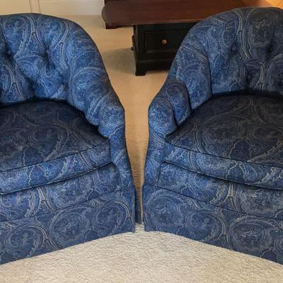 Pair of Blue Paisley Upholstered Club Chairs