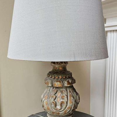 Rustic Carved Table Lamp with Linen Shade