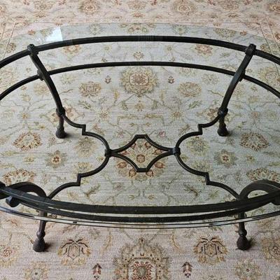 Oval Glass Coffee Table with Wrought Iron Base