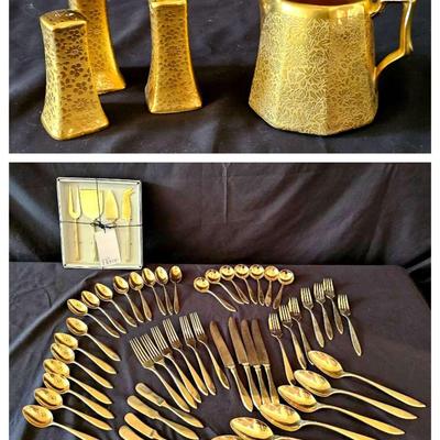 Dirilyte Goldtone Flatware with Nordstrom Cheese Set, Wheeling Decorative & Stouffer Collectibles