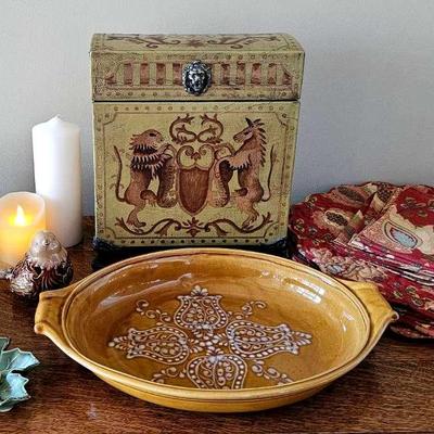 Stoneware Serving Dish, Leaf Dishes With Birds, Lion Crest Box, and Linens