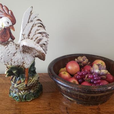 Large Ceramic Rooster Figurine and Decorative Faux Fruit Bowl