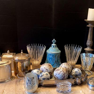 Rogaska Crystal Dish, Decorative Candle, and Assorted Decor
