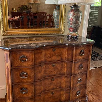 Marble-Top Serpentine Chest with Hand-Painted Porcelain and Brass Table Lamp