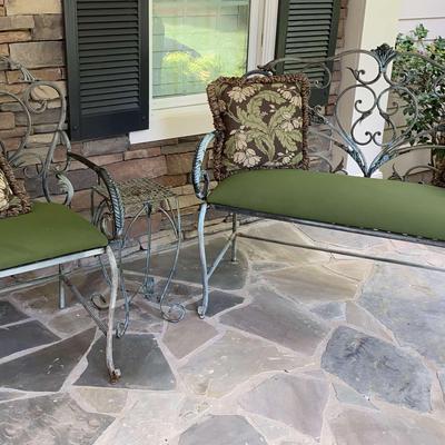 Green Distressed Iron Patio Set with Cushions and Table