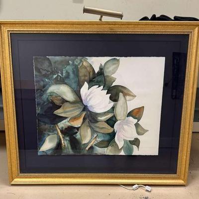 Framed Magnolia Watercolor with Display Light