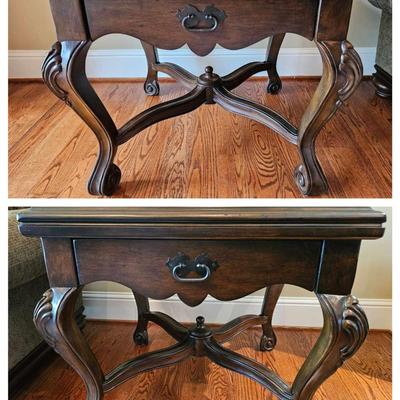 Pair of Carved Wood End Tables with Metal Drawer Pulls