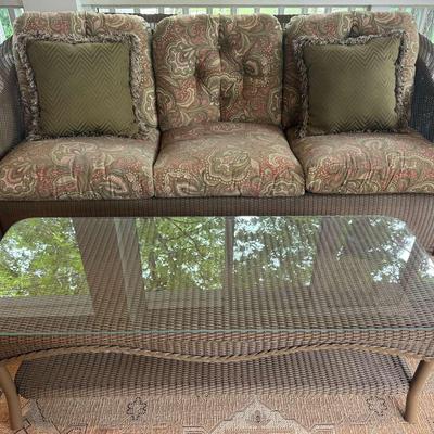 Wicker Sofa with Table, Cushions, and Glass Top