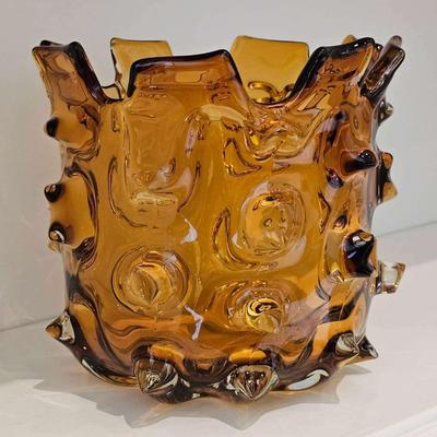 Vintage Brutalist Amber Art Glass “Thorn” Bowl