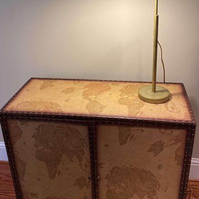 World Map Riveted Storage Cabinet with Brass Desk Lamp