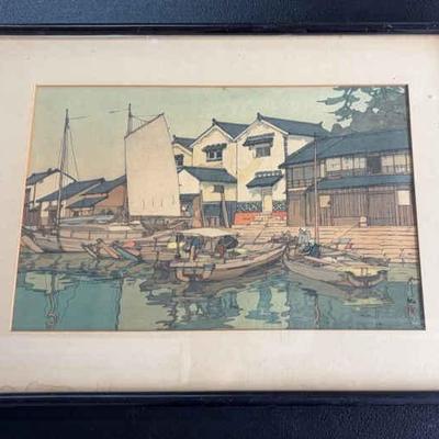 KFA013-Japanese woodblock print of harbor scene along Japan’s Inland Sea by Hiroshi Yoshida