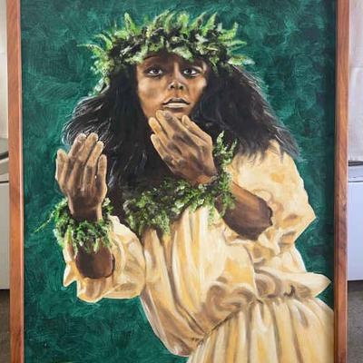 KFA002 - 1984 Hawaiian Oil Painting “Ko’u Wahine” in Koa Wood Frame Signed Sutton