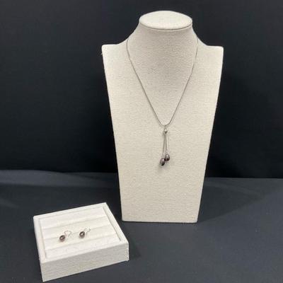 Sterling Silver Lariat Pearl Necklace And Earring Set 