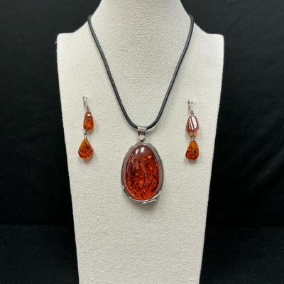 Large Amber Pendant In Sterling Silver Setting And Earrings