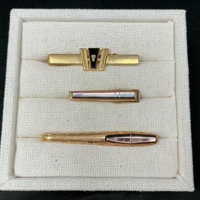 Vintage Gold Tone Tie Clips With Stones