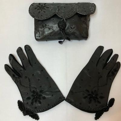 Vintage Guanteria Paris Leather Beaded Evening Clutch and Gloves
