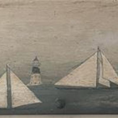 Lot 204
Primitive Coastal Cove/Inlet Sailing Scene on Wood