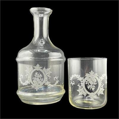 Lot 086 
Portuguese Etched Crystal Bedside Carafe and Tumbler Set
