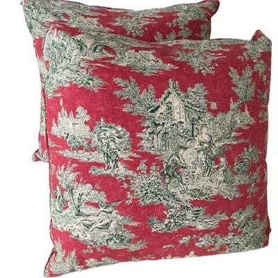 Lot 031   
Decorator Accent Pillows, Two (2) Green and Cream on Red