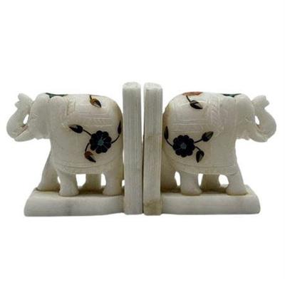 Lot 267  
Hand Carved White Marble Elephant Bookends With Inlaid Stone Flowers
