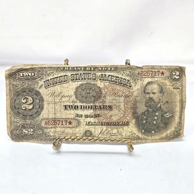 Lot #196 - 1890 $2 Treasury Note “McPherson” Large Size Brown Seal – Series 1890 U.S. Antique Currency - Circulated