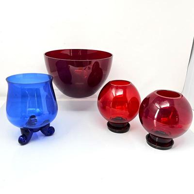 - Vintage Multi-Colored Decorative Glass Set - Red and Blue - Candle Holders & Serving Bowl

