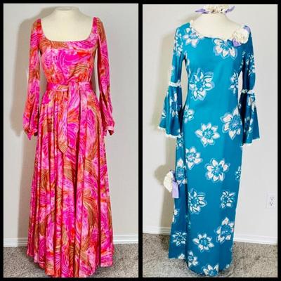 Two 1970s Maxi Dresses in Pink and Teal- Handmade Sz. Small
