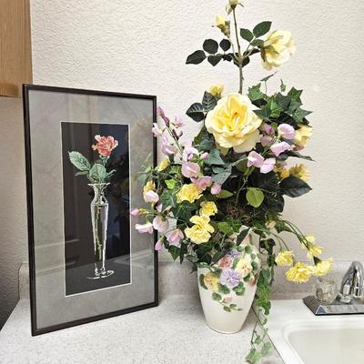 Floral Arrangement in Decorative Ceramic Vase with Framed Artwork - Cross stitch Bud Vase with Rose