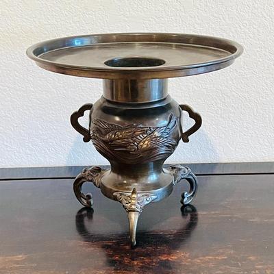  Antique Bronze Usubata Vase- Japanese Three Legged Traditional Ikebana Flower Vase