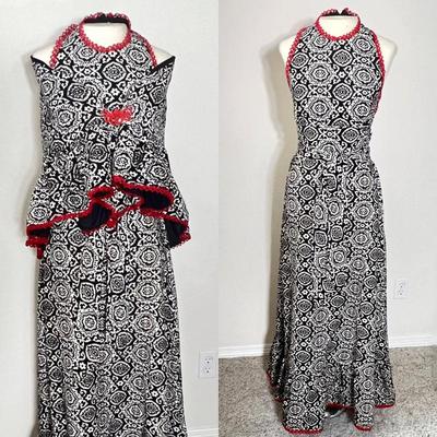 Howard Hirsh Vintage Halter Dress in Black & White Brocade Floral Print with Red Details and Matching Wrap