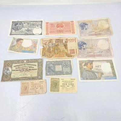 Lot #218 - Lot of 11 Vintage European Banknotes France Italy Switzerland 1 Lira–100 Francs Mixed Currency