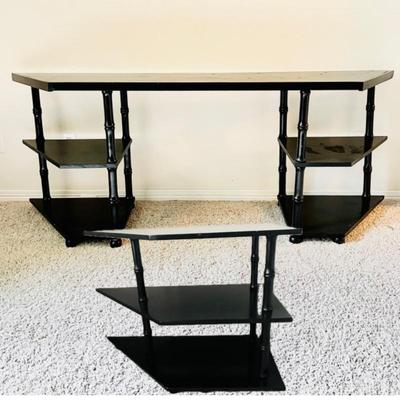 Stylish console table with three shelves on each side black finish and matching side table 