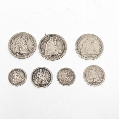 Lot #198 - Lot of 7 Seated Liberty Silver Coins – Quarters, Dimes & Half Dimes 1853-1882 Arrows & No Arrows
