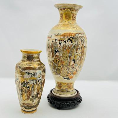  Pair of Japanese Satsuma Ware Vases- Vintage Pair with Multicolored and Gold Gilded Designs