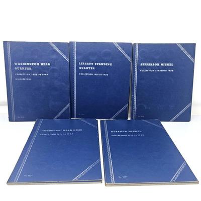 Lot #215 - Lot of 5 Whitman Coin Folders Washington Quarter, Standing Liberty, Mercury Dime, Buffalo & Jefferson Nickels