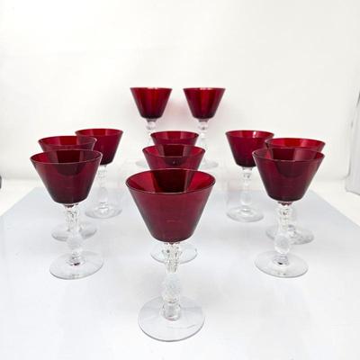 - Set of 11 Ruby Red Wine Glasses with Clear Stems