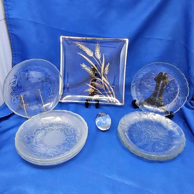  Vintage Frosted Glass Plates and Decorative Square Platter Set Includes Glass Egg Paperweight
