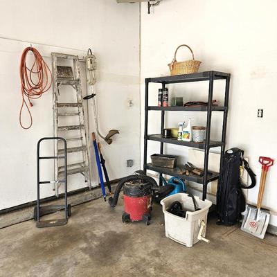  Garage Lot Including Black Plastic Shelving - Includes Gardening and Lawn Items, Plus Ladder and Golf Bag w/ Stand
