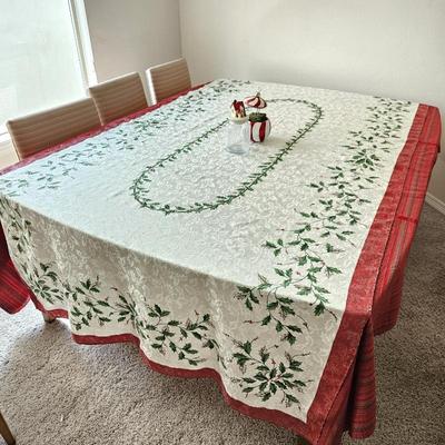 Lenox Holiday-Themed Tablecloth with Red Trim and Botanical Design - Plus Additional Christmas Decor
