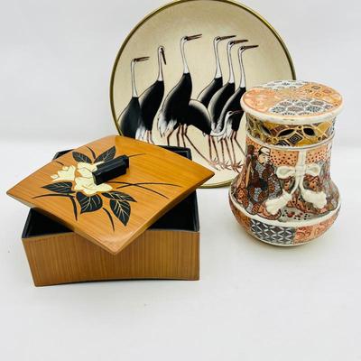  Vintage Asian Decorative Items Lot- Ceramic and Brass Crane Plate, Incense Vase/Jar, Small Decorative Box with lid