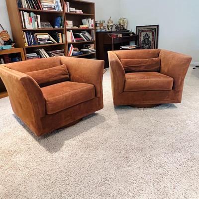 Pair of Selig Monroe Mid-Century Modern Brown Bucket Swivel Lounge Chairs 