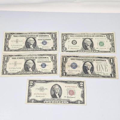 Lot #197- Lot of 5 U.S. Paper Currency –1928 $1 Silver Certificate, 1957 $1 Silver Certificates, 1953 $2 Red Seal, 1963 $1 Note
