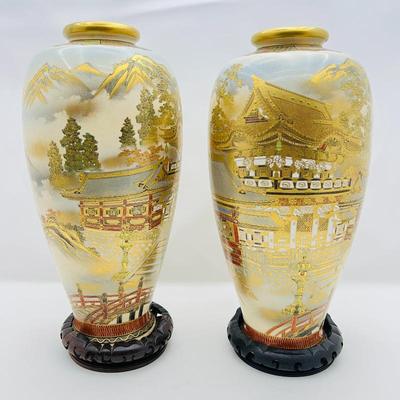  Pair of Large Japanese Satsuma Ware Vases- Vintage Pair with Multicolored and Gold Gilded Designs