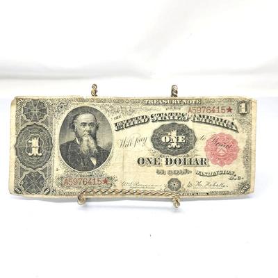 Lot #195 -1890 $1 Treasury Note “Stanton” Large Size Red Seal Star Note – Series 1890 United States Antique Currency -Circulated